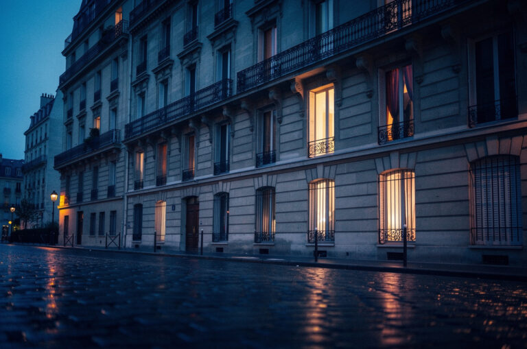 Une façade d'immeuble parisien aux fenêtres éclairées, la rue mouillée reflète les lumières