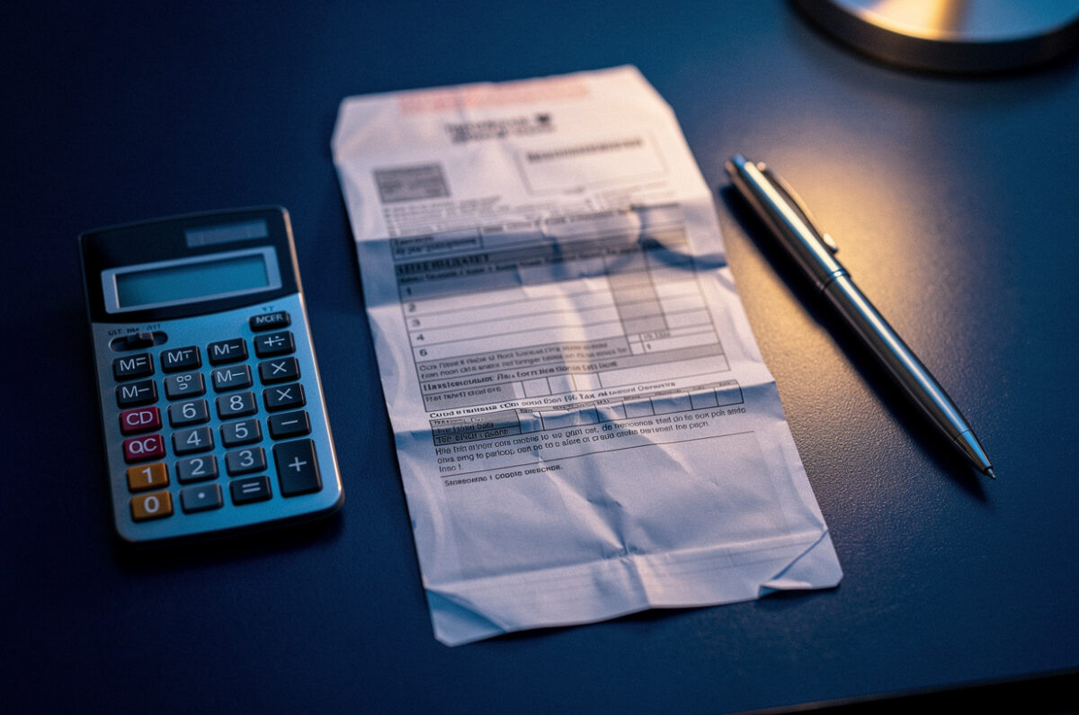 Une calculatrice, une enveloppe et un stylo sur un bureau bleu nuit