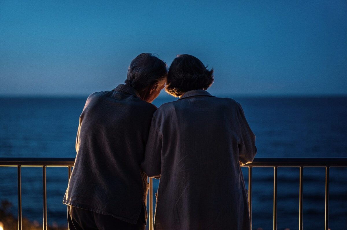 Un couple sur un balcon face à la mer à l'heure bleue
