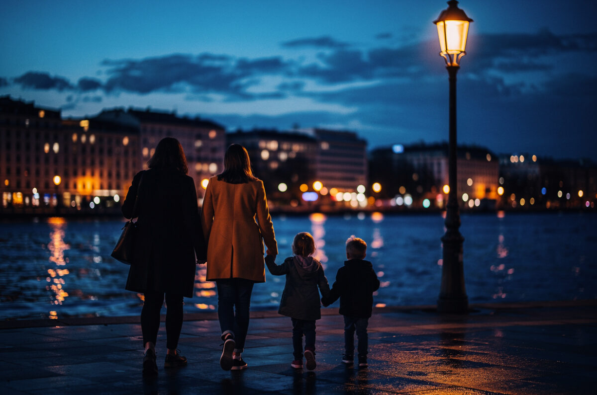 Une famille marche sur un quai à l'heure bleue, la ville éclairée en face